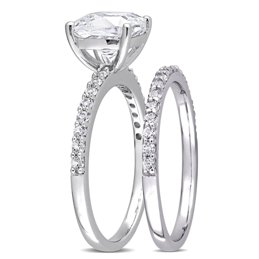 Lab Created Cushion Cut Created White Sapphire Engagement Ring and Matching Eternity Ring 2pc Set in 10K White Gold