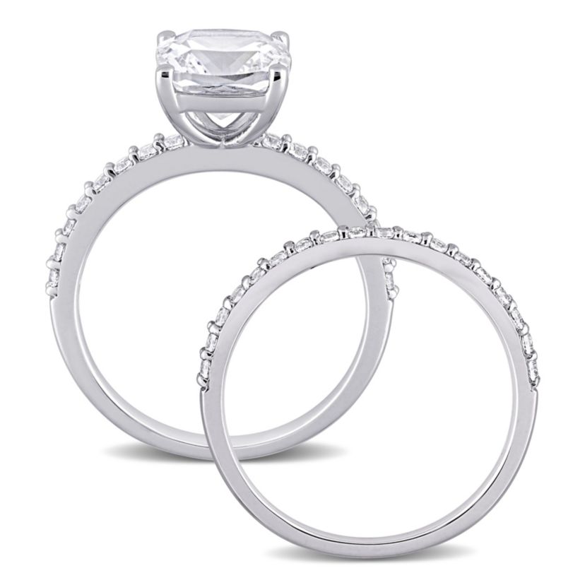Lab Created Cushion Cut Created White Sapphire Engagement Ring and Matching Eternity Ring 2pc Set in 10K White Gold