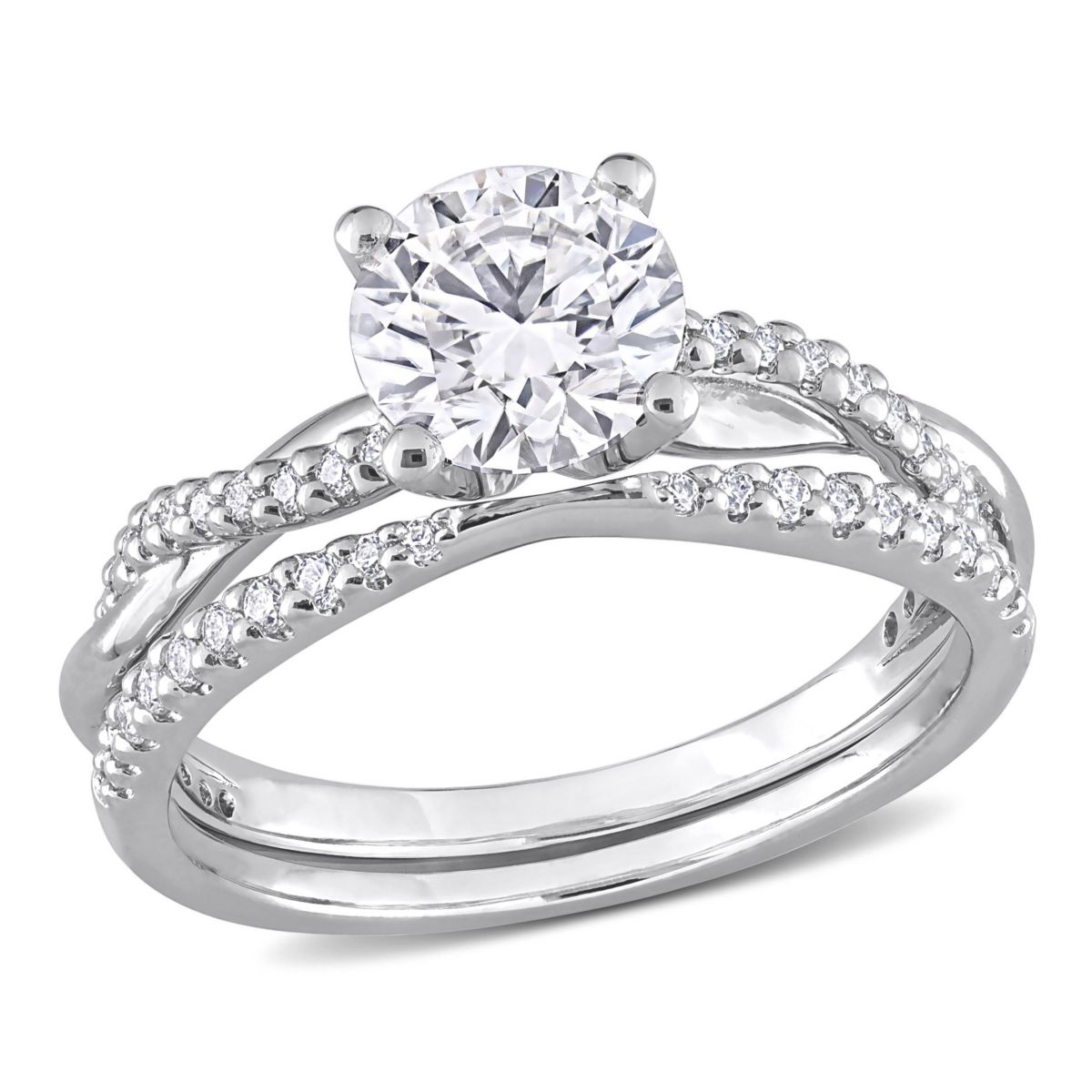 Lab Created Created Moissanite Crossover Engagement Ring in Sterling Silver