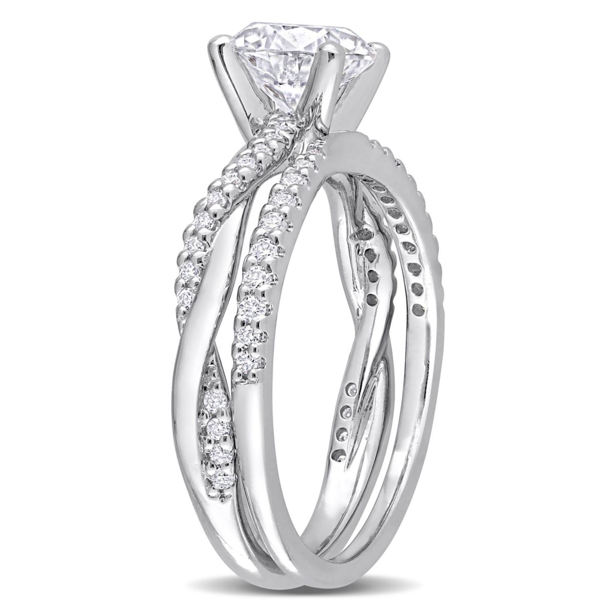Lab Created Created Moissanite Crossover Engagement Ring in Sterling Silver