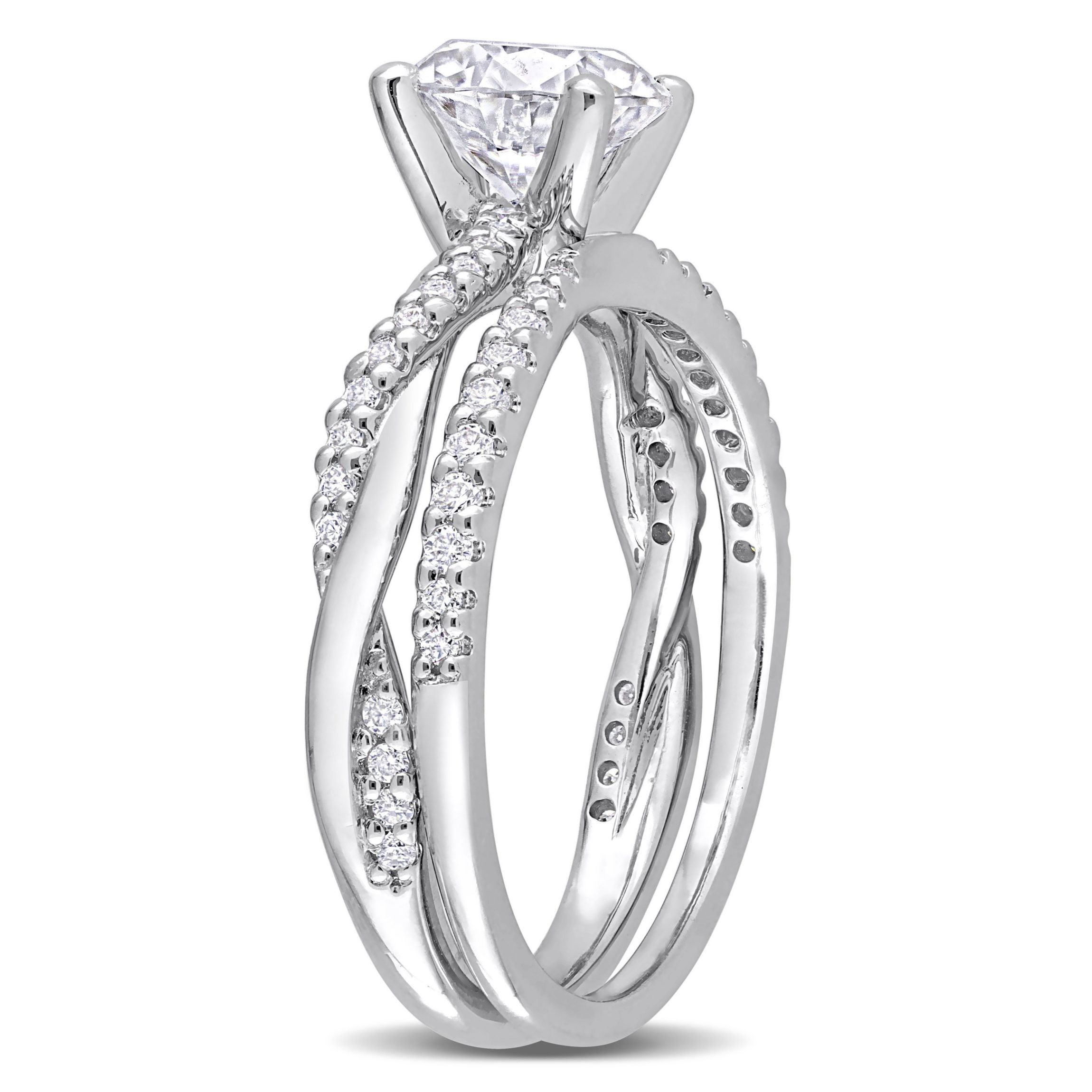 Lab Created Created Moissanite Crossover Engagement Ring in Sterling Silver