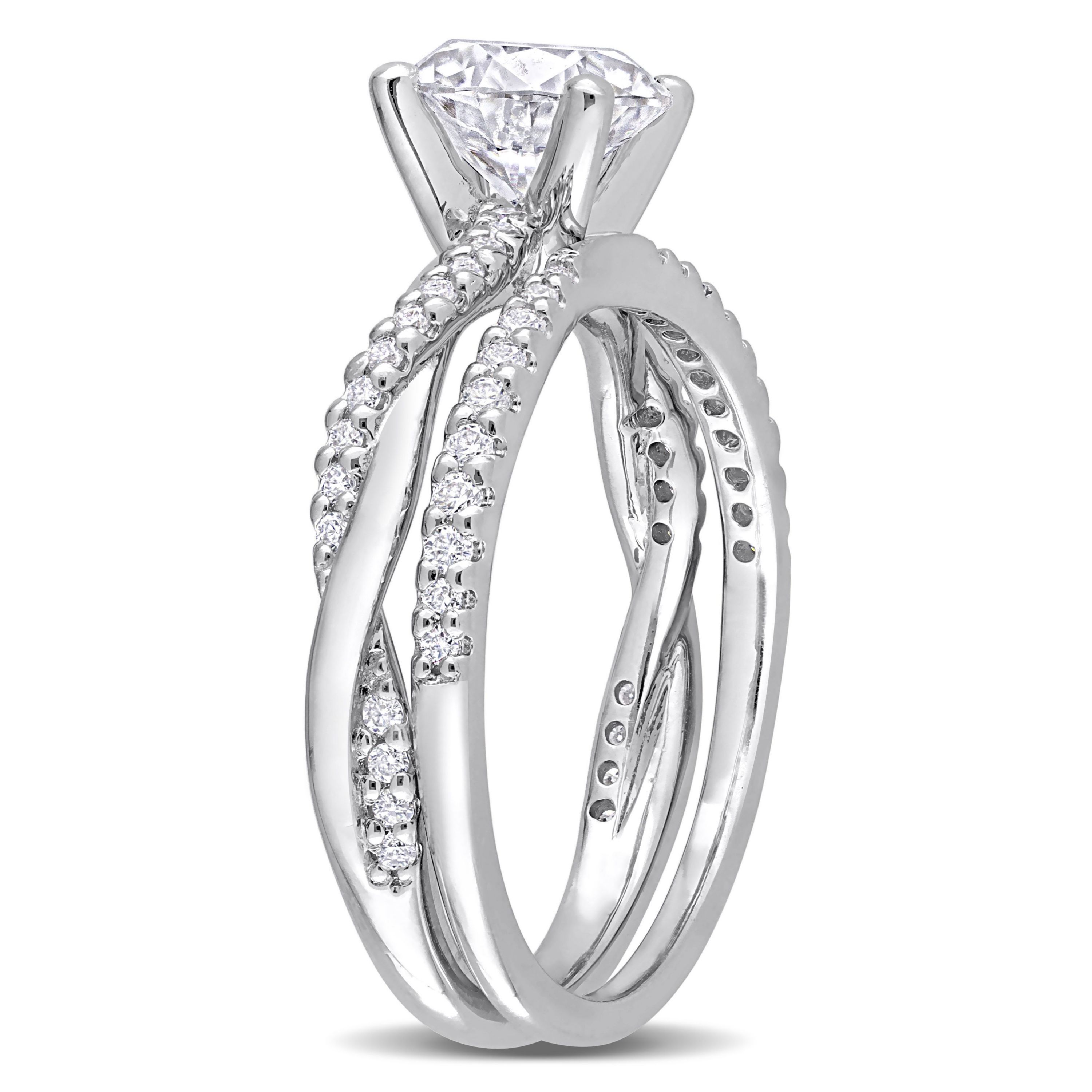 Lab Created Created Moissanite Crossover Engagement Ring in Sterling Silver