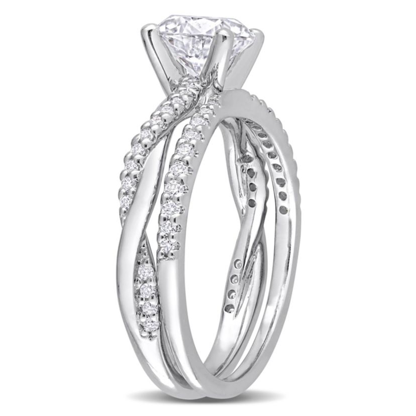 Lab Created Created Moissanite Crossover Engagement Ring in Sterling Silver