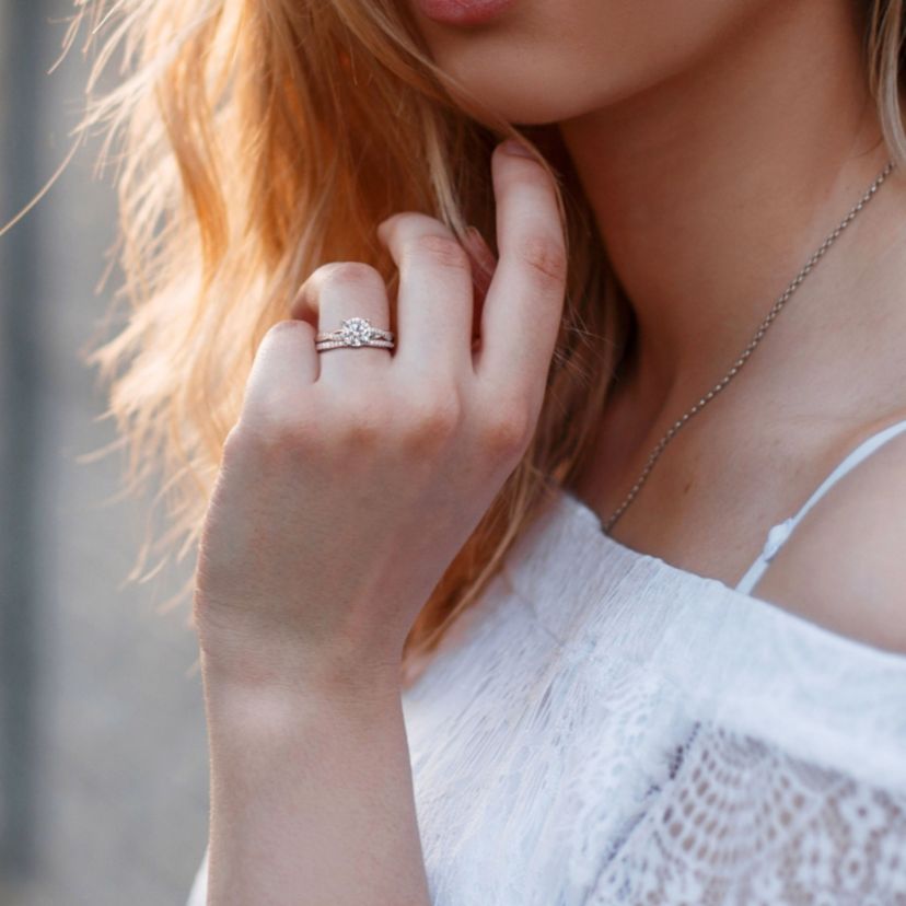 Lab Created Created Moissanite Crossover Engagement Ring in Sterling Silver