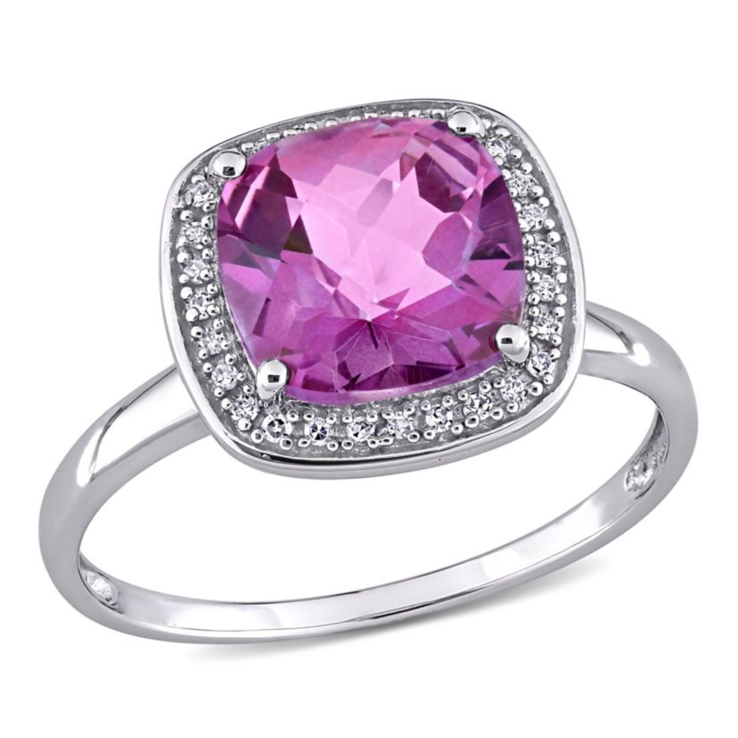 Cushion Cut Checkerboard Pink Topaz Halo Ring with 1/10 CT TW Diamonds in 10k White Gold