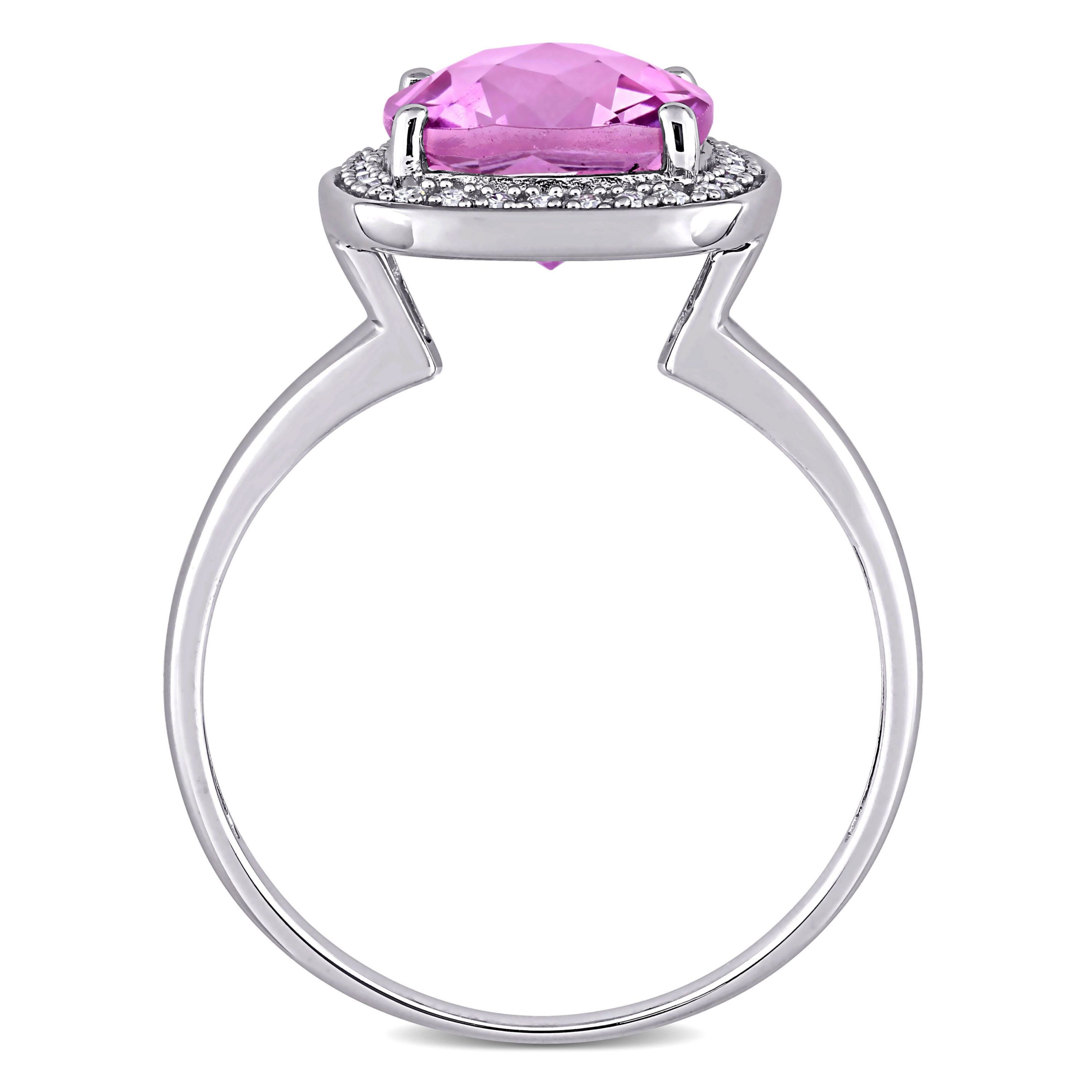 Cushion Cut Checkerboard Pink Topaz Halo Ring with 1/10 CT TW Diamonds in 10k White Gold