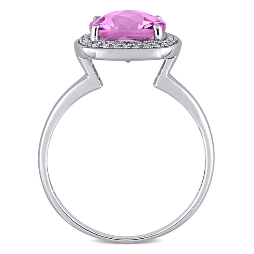 Cushion Cut Checkerboard Pink Topaz Halo Ring with 1/10 CT TW Diamonds in 10k White Gold