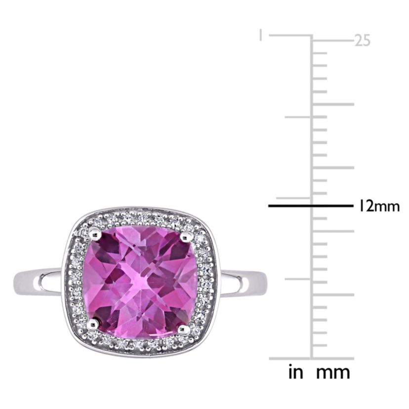 Cushion Cut Checkerboard Pink Topaz Halo Ring with 1/10 CT TW Diamonds in 10k White Gold