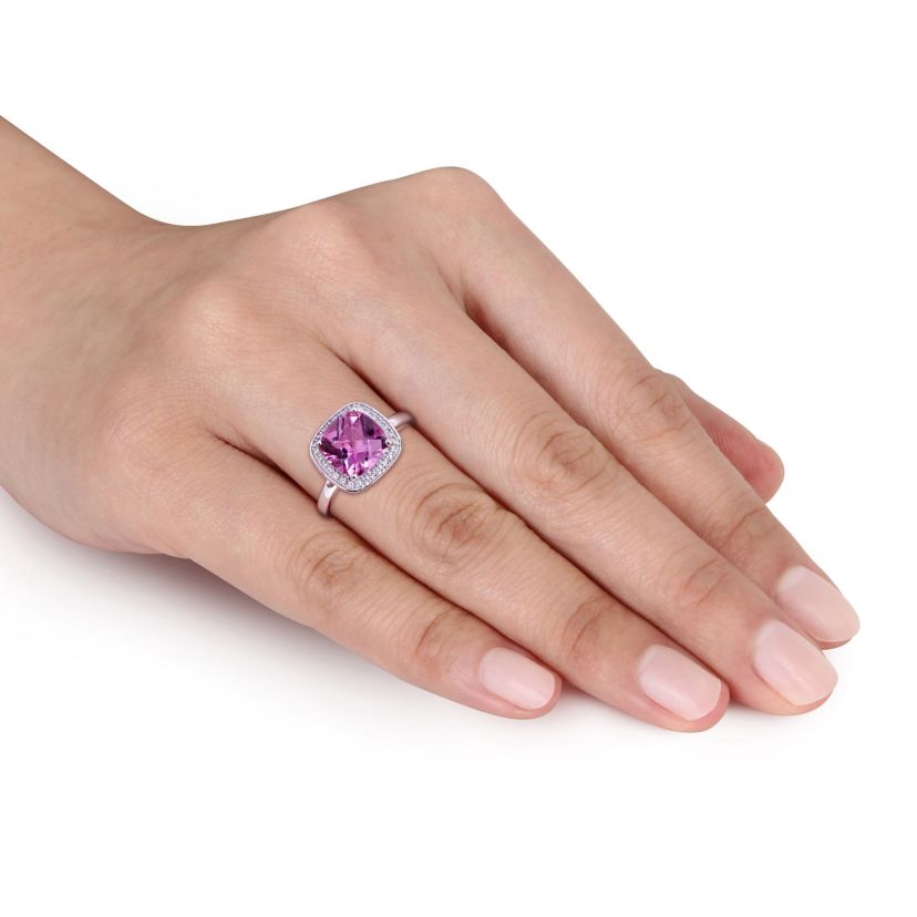 Cushion Cut Checkerboard Pink Topaz Halo Ring with 1/10 CT TW Diamonds in 10k White Gold
