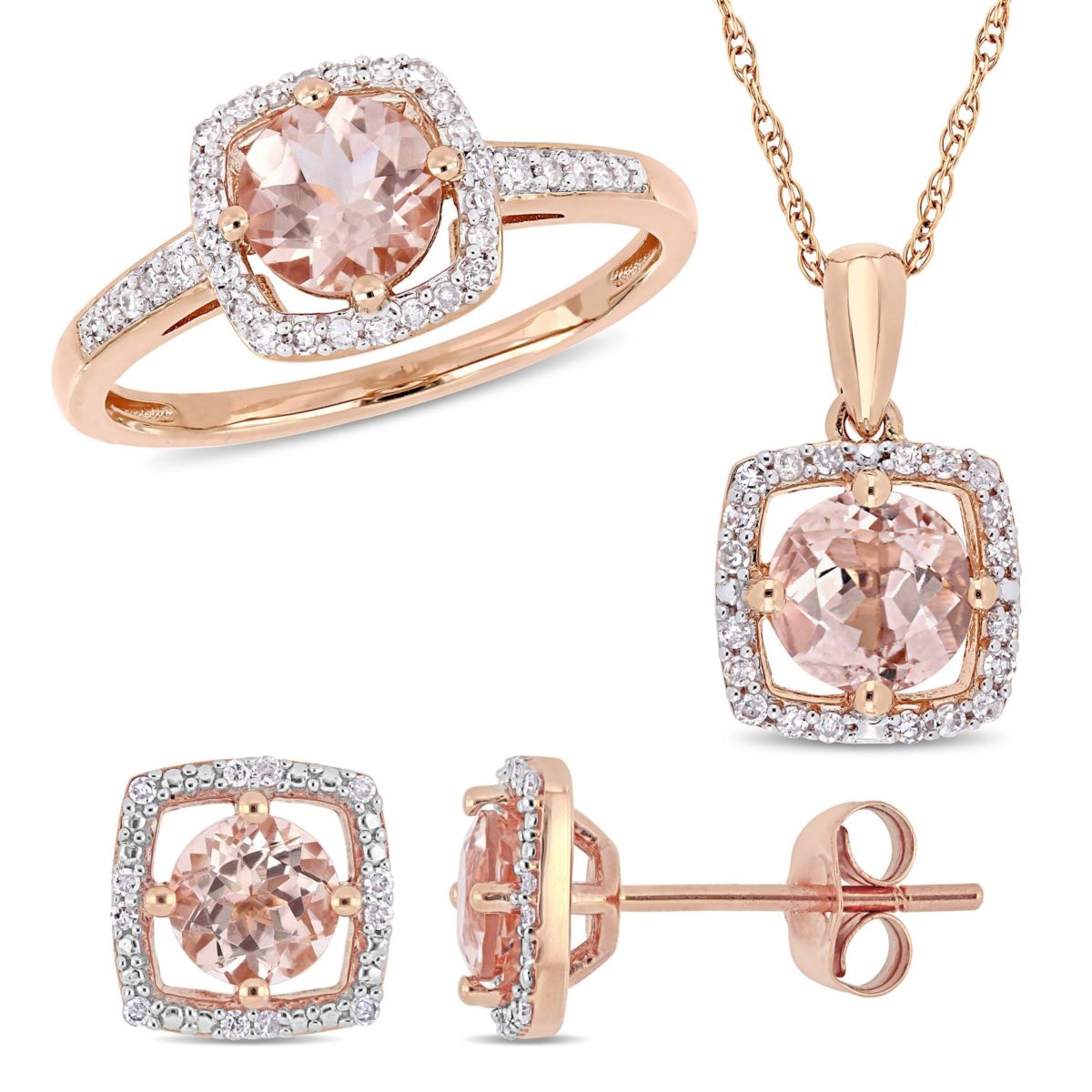 Morganite and 1/3 CT TW Diamond Square Halo Stud Earrings, Pendant with Chain and Ring Set in 10K Rose Gold