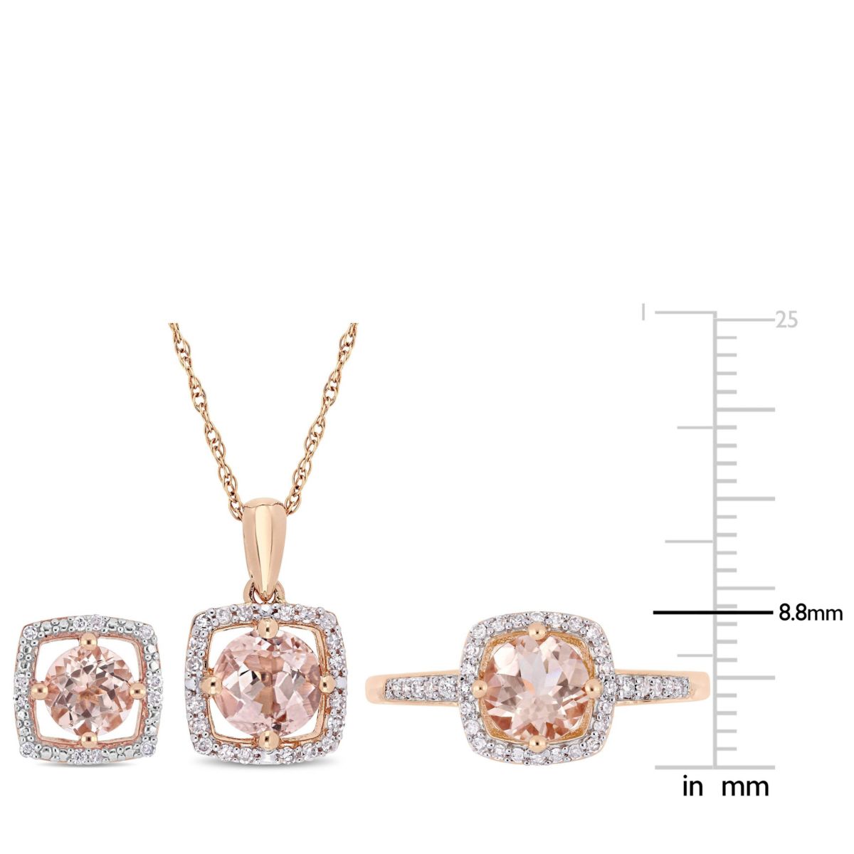 Morganite and 1/3 CT TW Diamond Square Halo Stud Earrings, Pendant with Chain and Ring Set in 10K Rose Gold