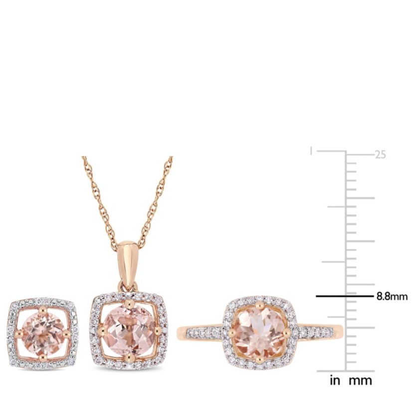Morganite and 1/3 CT TW Diamond Square Halo Stud Earrings, Pendant with Chain and Ring Set in 10K Rose Gold