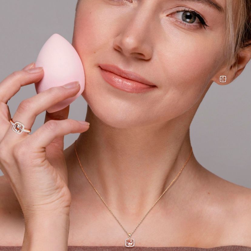 Morganite and 1/3 CT TW Diamond Square Halo Stud Earrings, Pendant with Chain and Ring Set in 10K Rose Gold