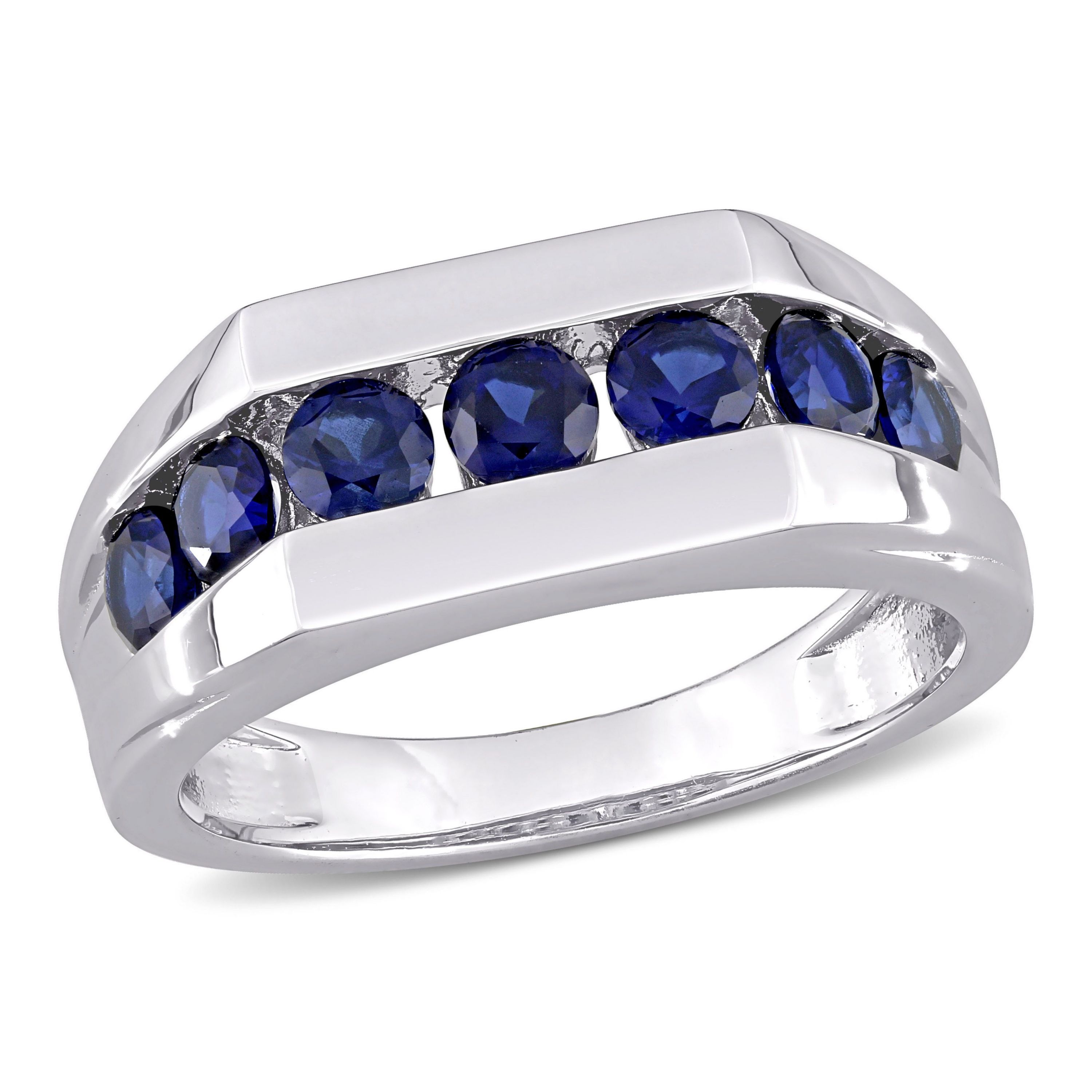 Lab Created Created Blue Sapphire Channel Set Mens Ring in Sterling Silver