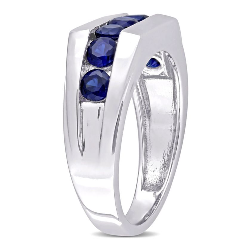 Lab Created Created Blue Sapphire Channel Set Mens Ring in Sterling Silver