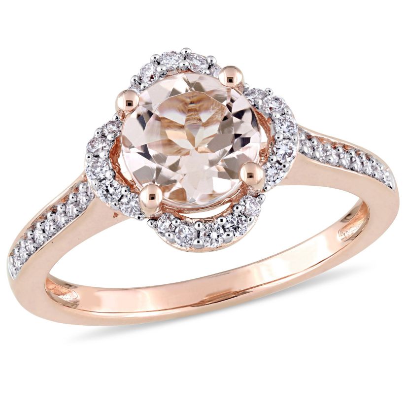 Morganite and 1/4 CT TW Diamond Quatrefoil Halo Ring in 14k Rose Gold