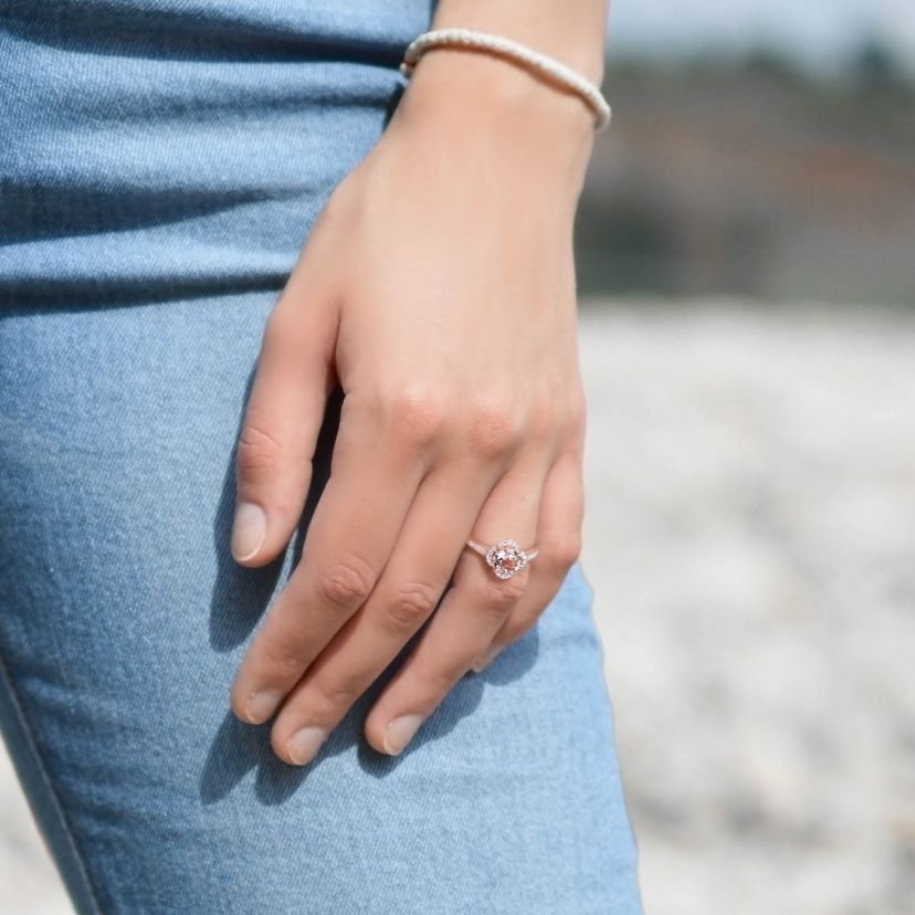 Morganite and 1/4 CT TW Diamond Quatrefoil Halo Ring in 14k Rose Gold