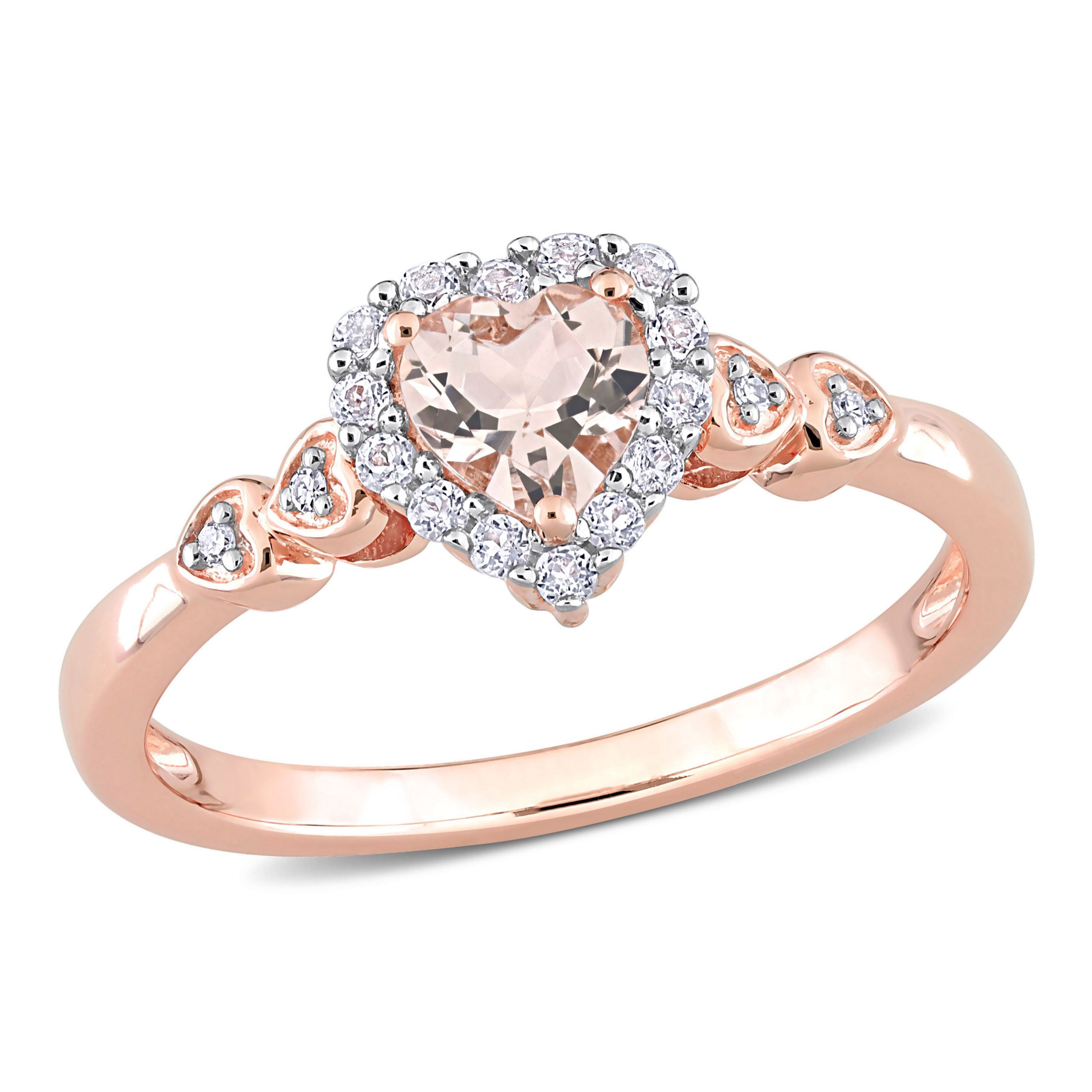 Morganite White Topaz and Diamond Accent Heart Ring in Rose Plated Sterling Silver