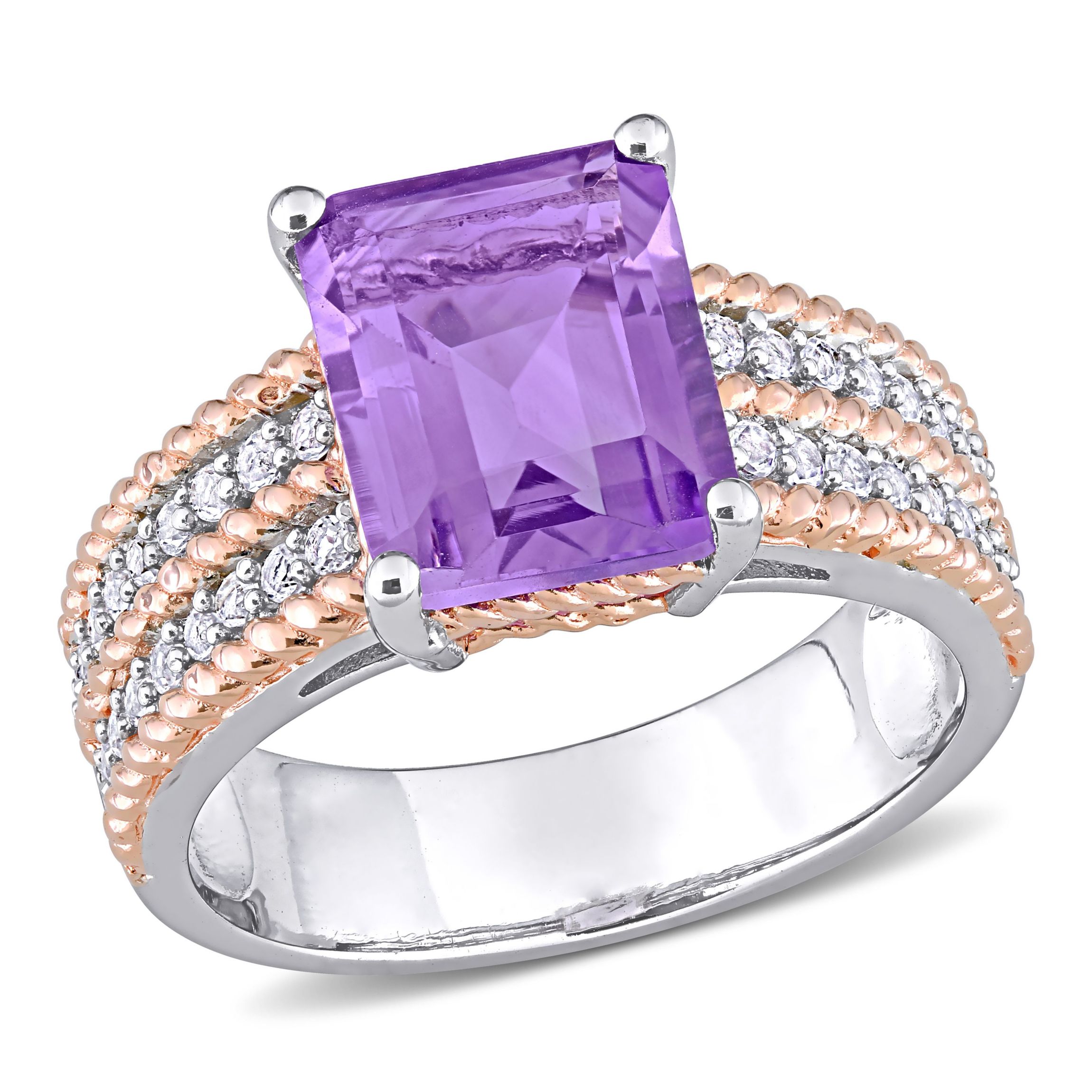 Octagon Amethyst and White Topaz Cocktail Ring in White and Rose Plated Sterling Silver