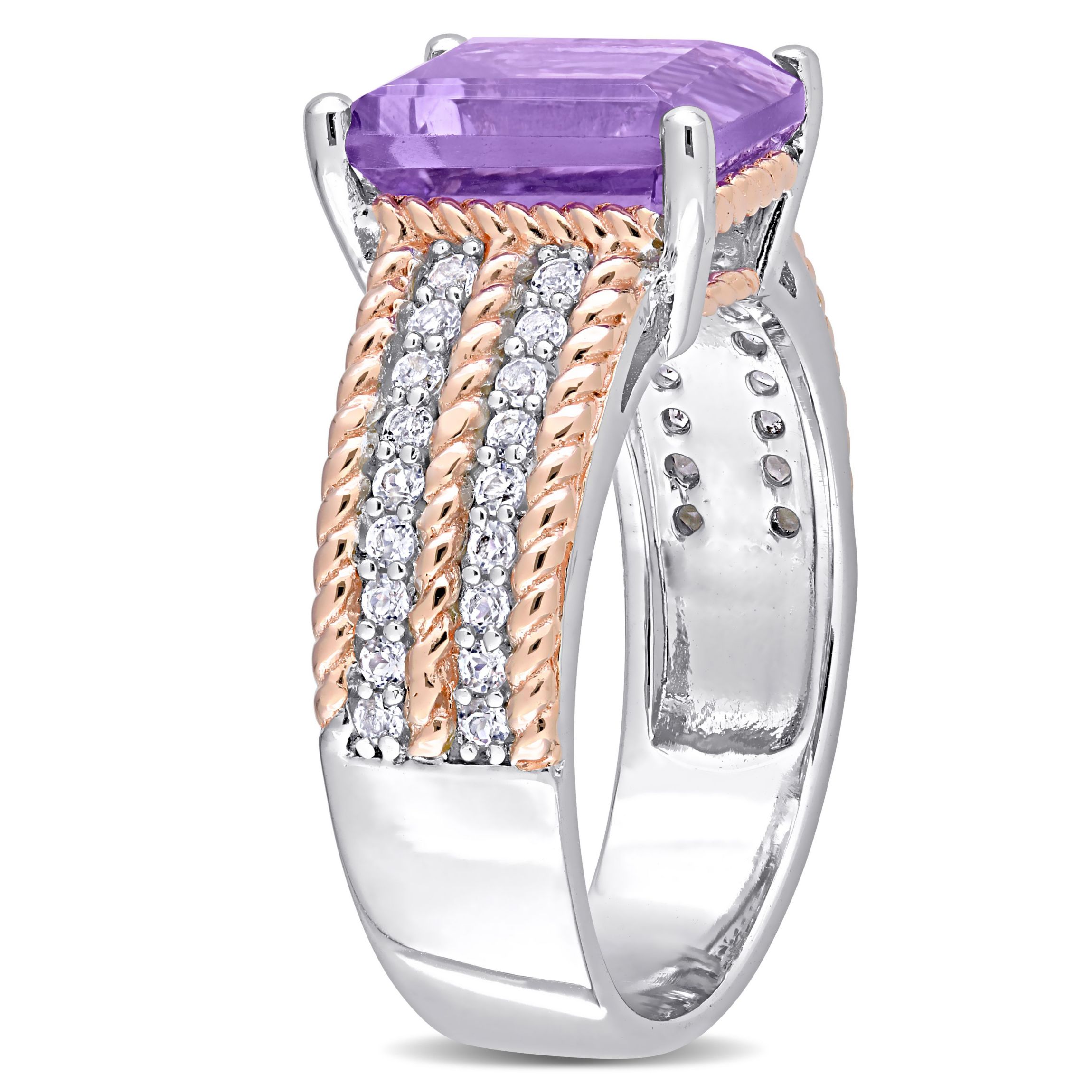 Octagon Amethyst and White Topaz Cocktail Ring in White and Rose Plated Sterling Silver