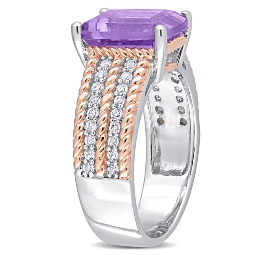 Octagon Amethyst and White Topaz Cocktail Ring in White and Rose Plated Sterling Silver
