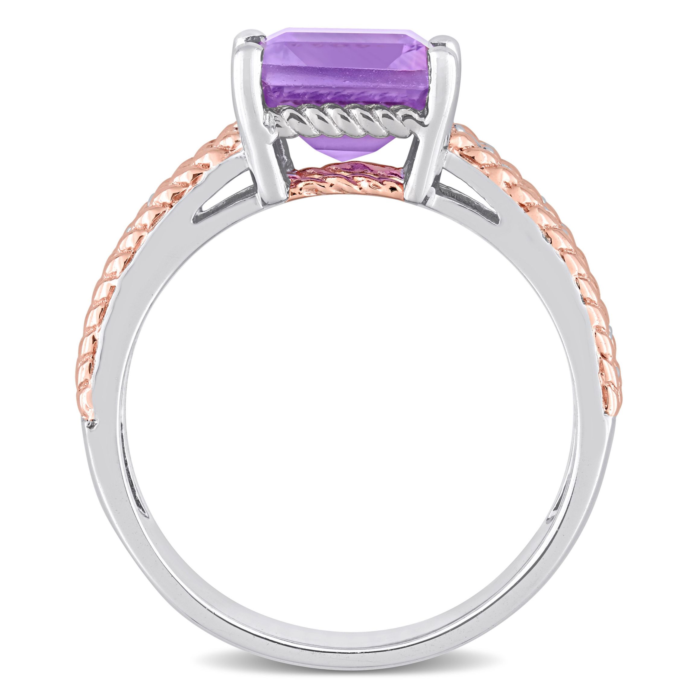 Octagon Amethyst and White Topaz Cocktail Ring in White and Rose Plated Sterling Silver