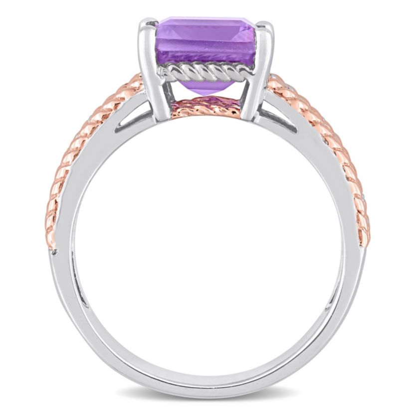 Octagon Amethyst and White Topaz Cocktail Ring in White and Rose Plated Sterling Silver