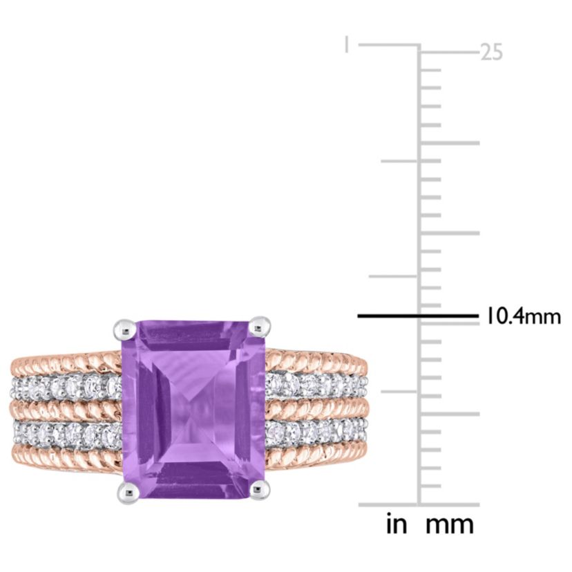Octagon Amethyst and White Topaz Cocktail Ring in White and Rose Plated Sterling Silver