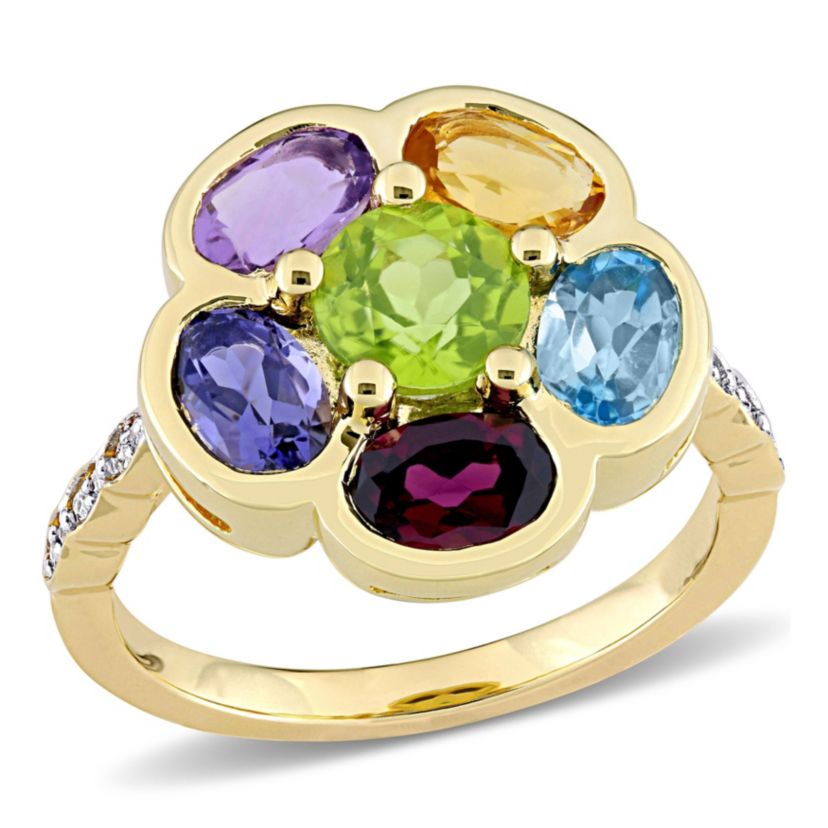 Rhodolite Citrine Swiss- Blue Topaz Amethyst Iolite Peridot and Diamond Accent Floral Ring in Yellow Plated Sterling Silver