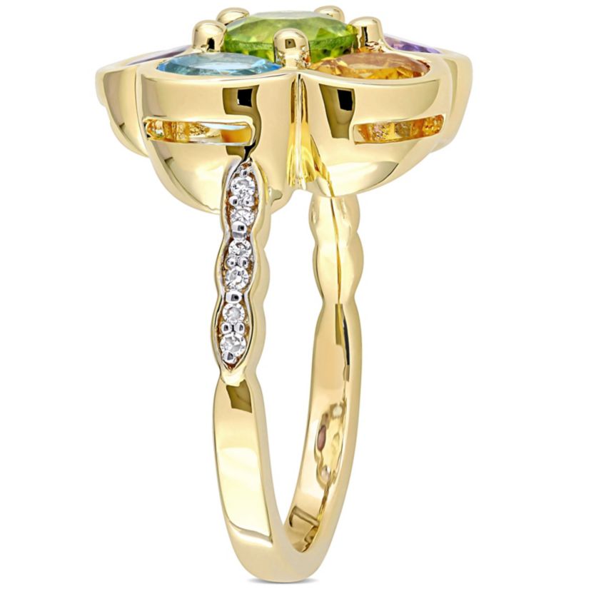 Rhodolite Citrine Swiss- Blue Topaz Amethyst Iolite Peridot and Diamond Accent Floral Ring in Yellow Plated Sterling Silver