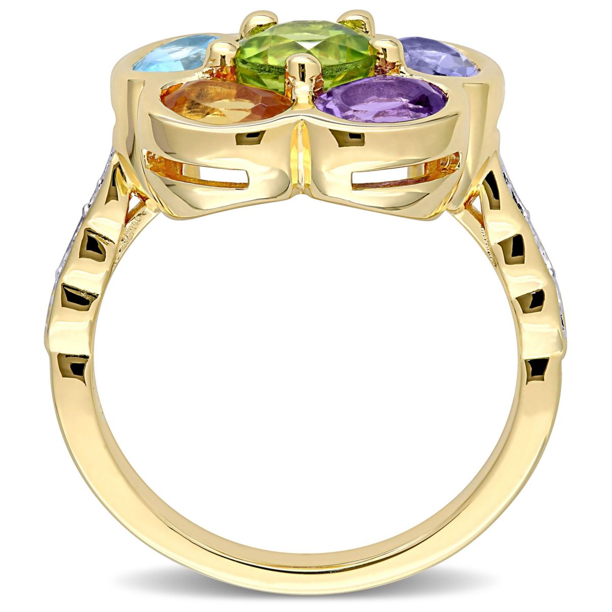 Rhodolite Citrine Swiss- Blue Topaz Amethyst Iolite Peridot and Diamond Accent Floral Ring in Yellow Plated Sterling Silver