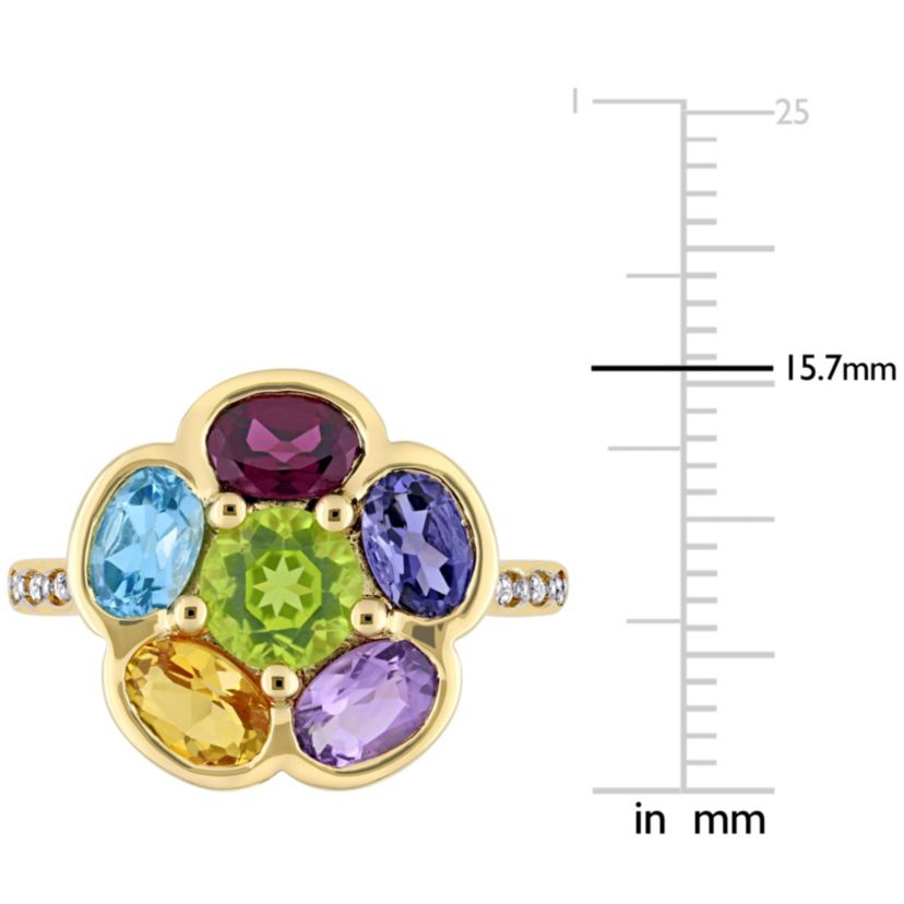 Rhodolite Citrine Swiss- Blue Topaz Amethyst Iolite Peridot and Diamond Accent Floral Ring in Yellow Plated Sterling Silver