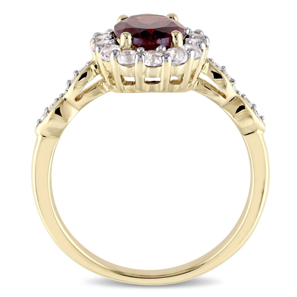 Oval Shape Garnet, White Topaz, and Diamond Accent Vintage Ring in 14k Yellow Gold