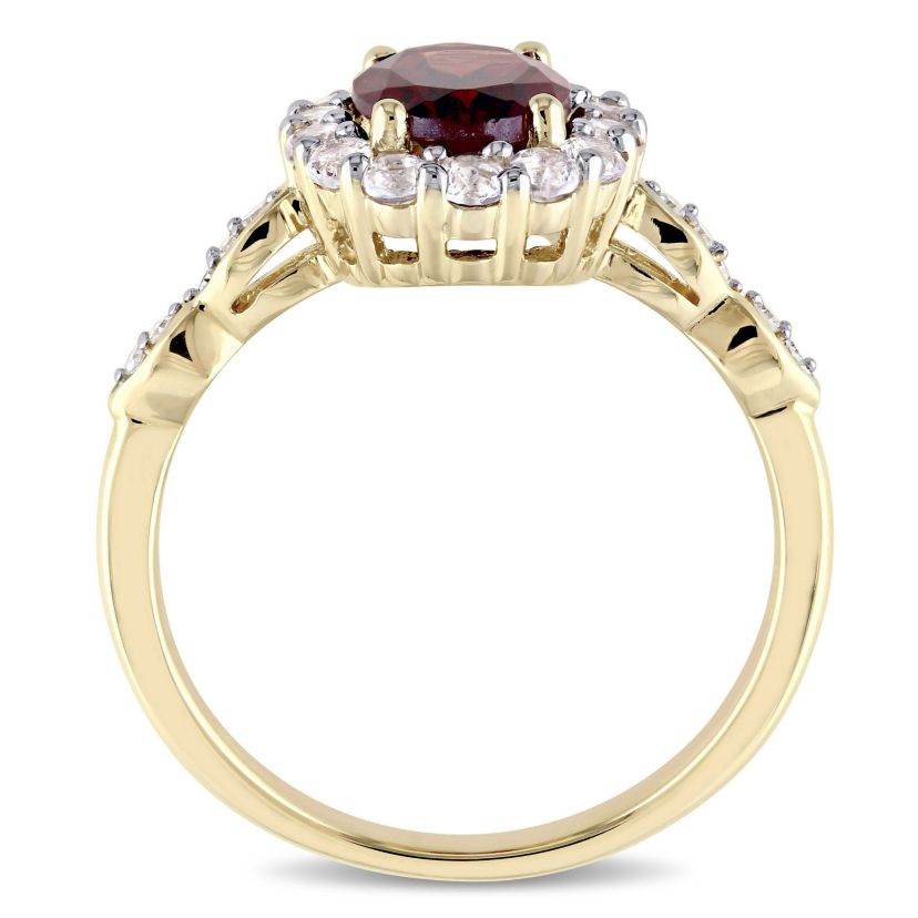 Oval Shape Garnet, White Topaz, and Diamond Accent Vintage Ring in 14k Yellow Gold