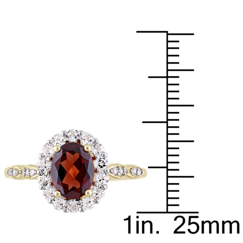 Oval Shape Garnet, White Topaz, and Diamond Accent Vintage Ring in 14k Yellow Gold