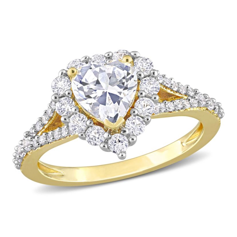 Lab Created Created White Sapphire Halo Heart Split Shank Ring in Yellow Plated Sterling Silver