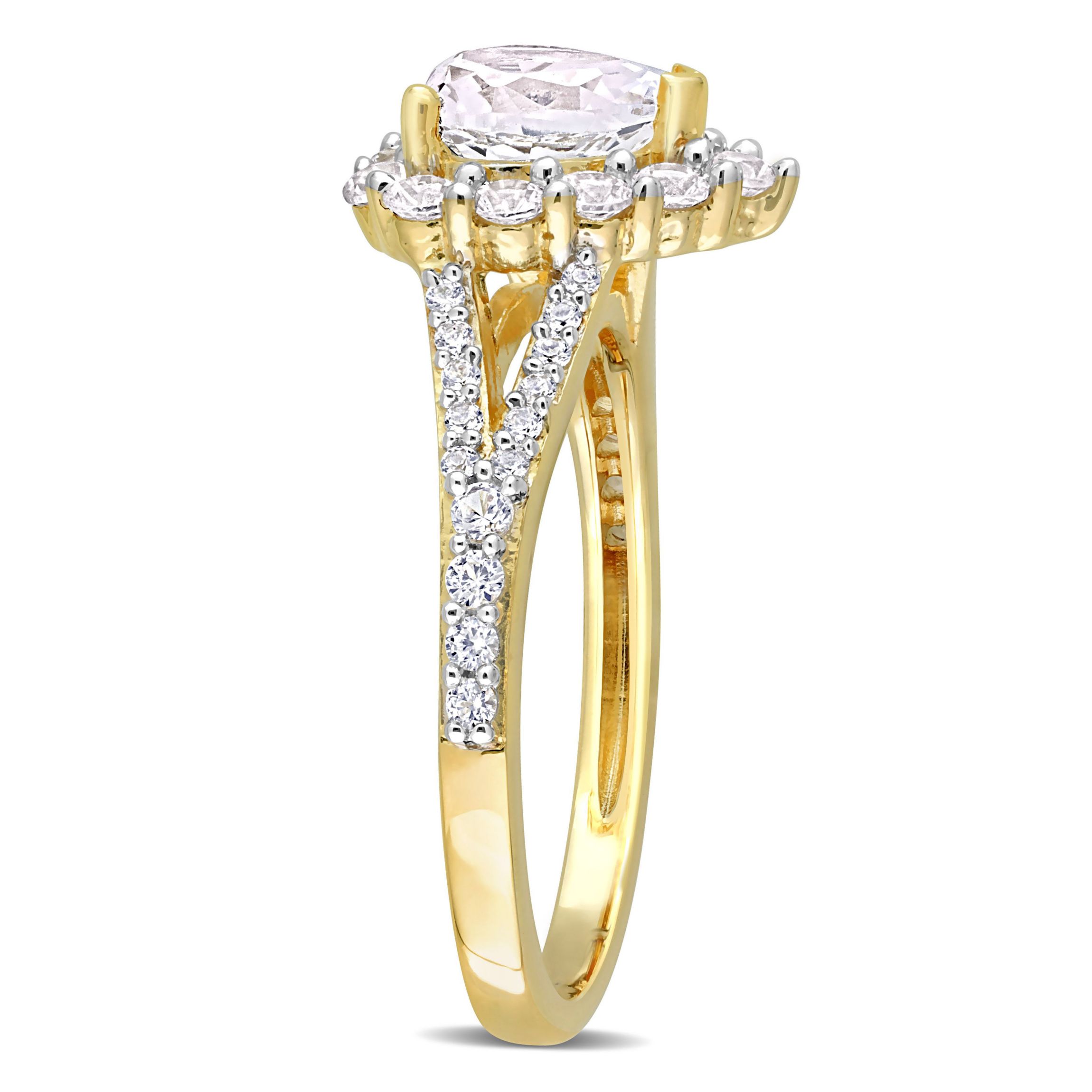 Lab Created Created White Sapphire Halo Heart Split Shank Ring in Yellow Plated Sterling Silver