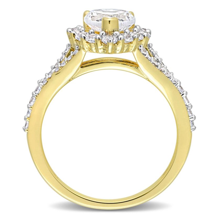 Lab Created Created White Sapphire Halo Heart Split Shank Ring in Yellow Plated Sterling Silver