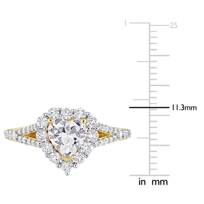 Lab Created Created White Sapphire Halo Heart Split Shank Ring in Yellow Plated Sterling Silver