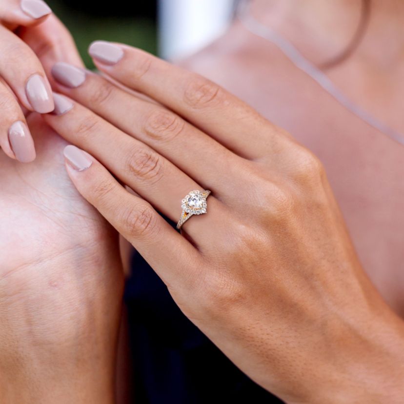 Lab Created Created White Sapphire Halo Heart Split Shank Ring in Yellow Plated Sterling Silver