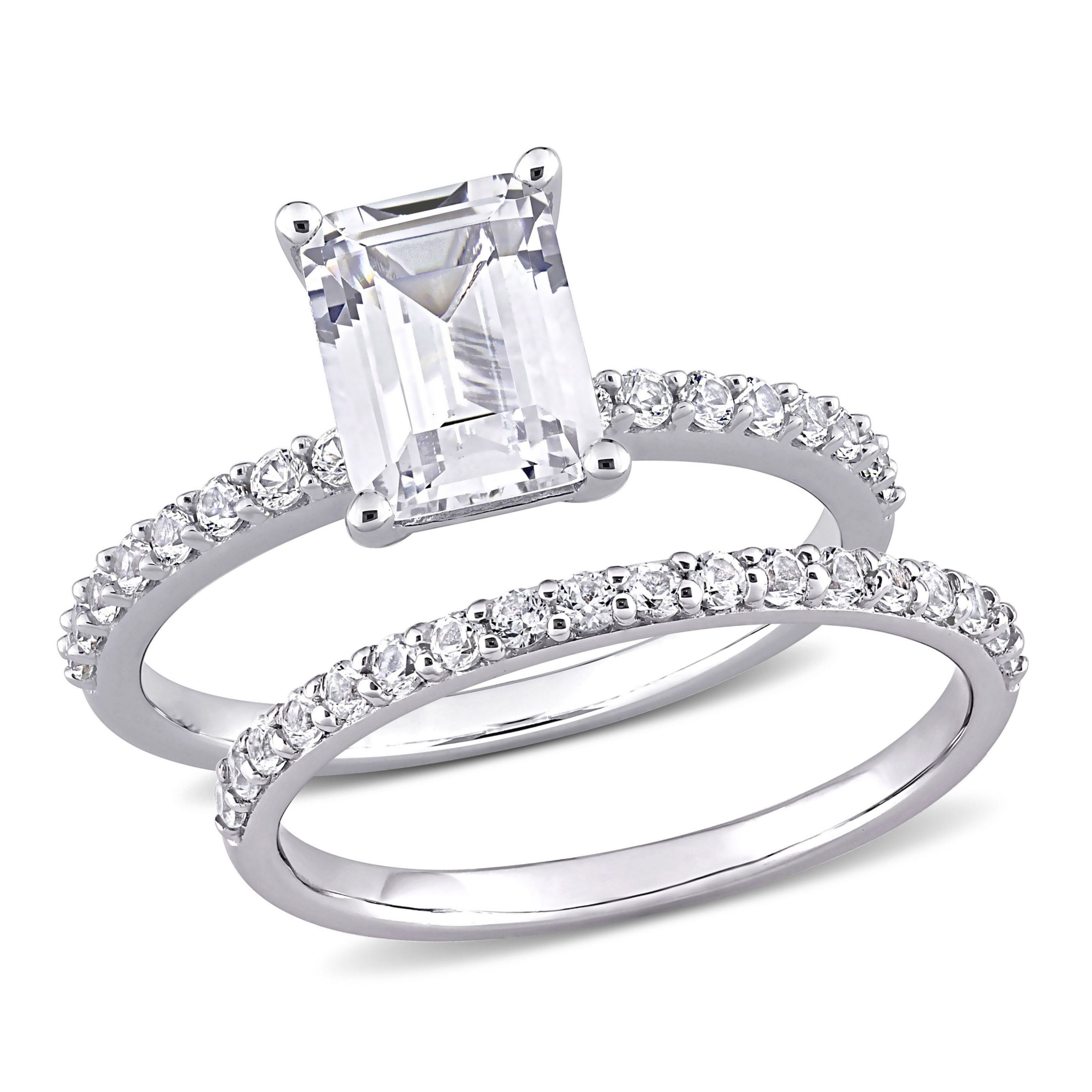 Lab Created Emerald Cut Created White Sapphire Engagement Ring and Matching Eternity Ring 2pc Set in 10K White Gold