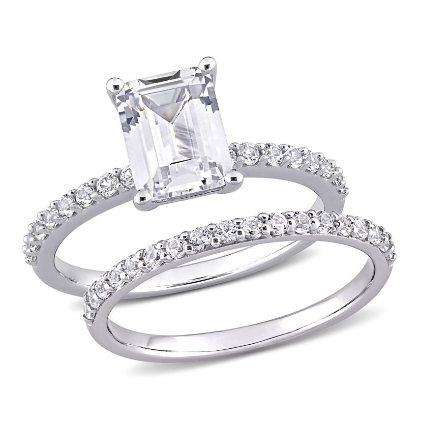 Lab Created Emerald Cut Created White Sapphire Engagement Ring and Matching Eternity Ring 2pc Set in 10K White Gold