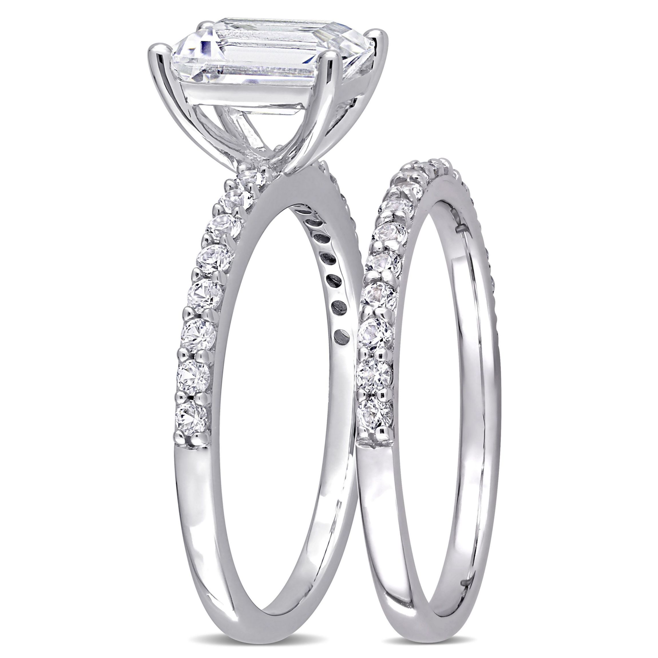 Lab Created Emerald Cut Created White Sapphire Engagement Ring and Matching Eternity Ring 2pc Set in 10K White Gold
