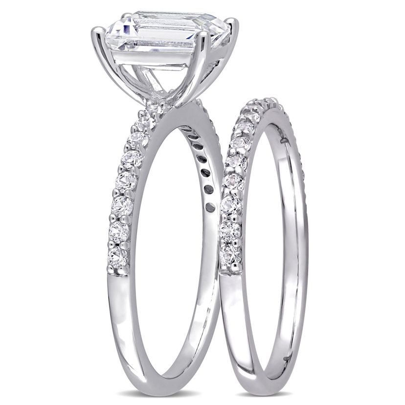 Lab Created Emerald Cut Created White Sapphire Engagement Ring and Matching Eternity Ring 2pc Set in 10K White Gold
