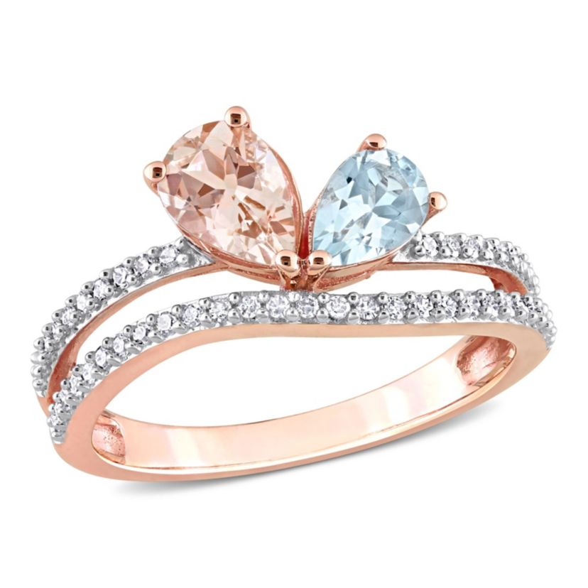 Pear Shape Morganite and Aquamarine and 1/4 CT Diamond 2-Stone Open Ring in 10k Rose Gold