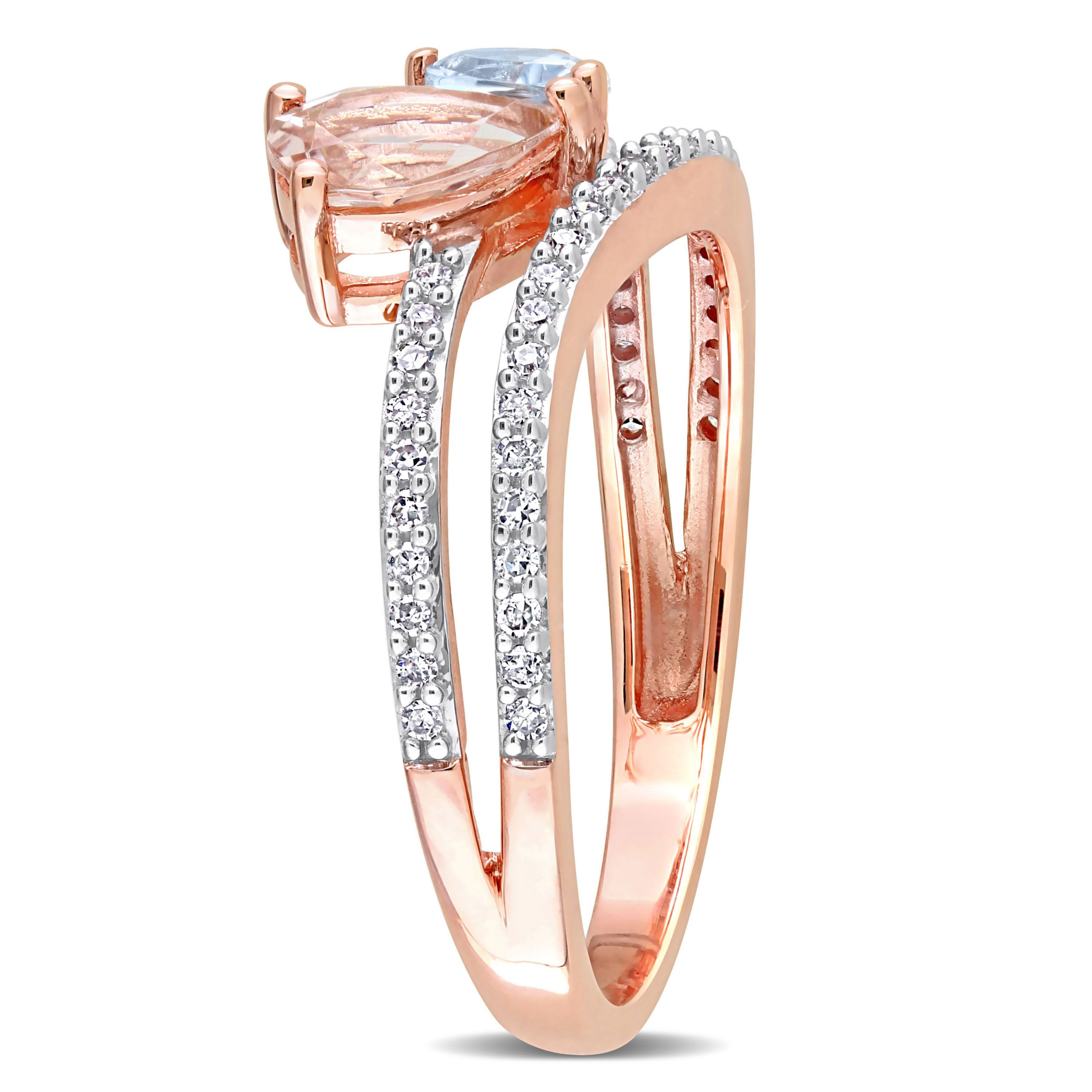 Pear Shape Morganite and Aquamarine and 1/4 CT Diamond 2-Stone Open Ring in 10k Rose Gold