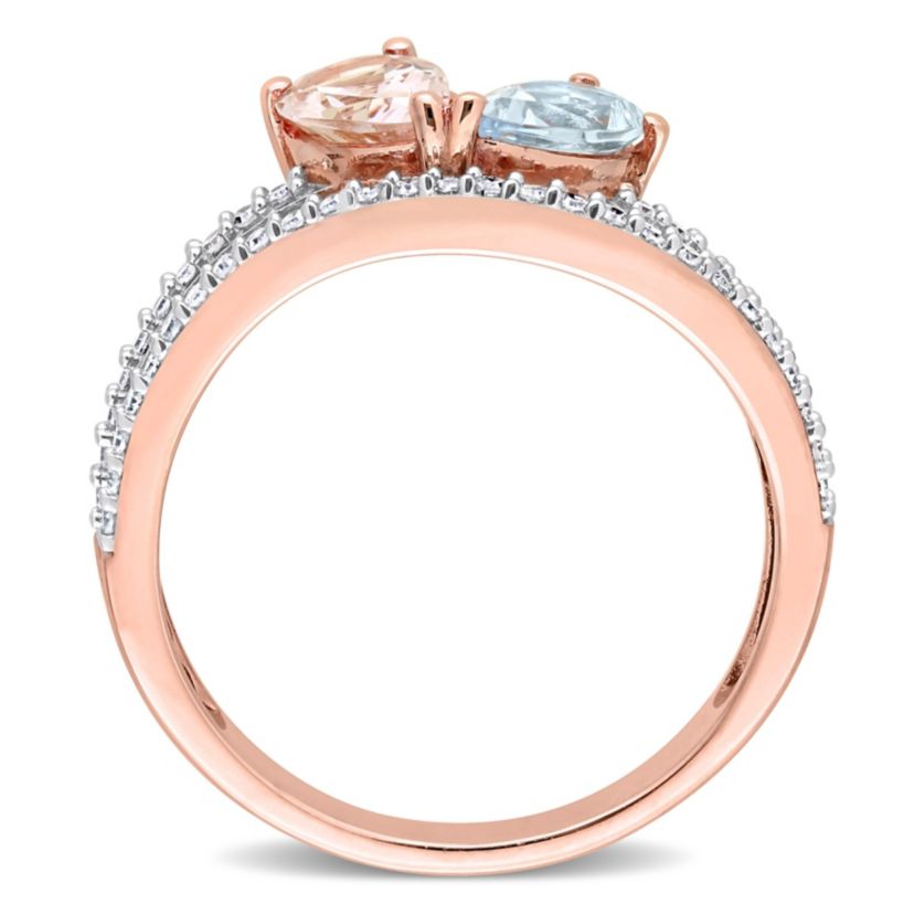 Pear Shape Morganite and Aquamarine and 1/4 CT Diamond 2-Stone Open Ring in 10k Rose Gold