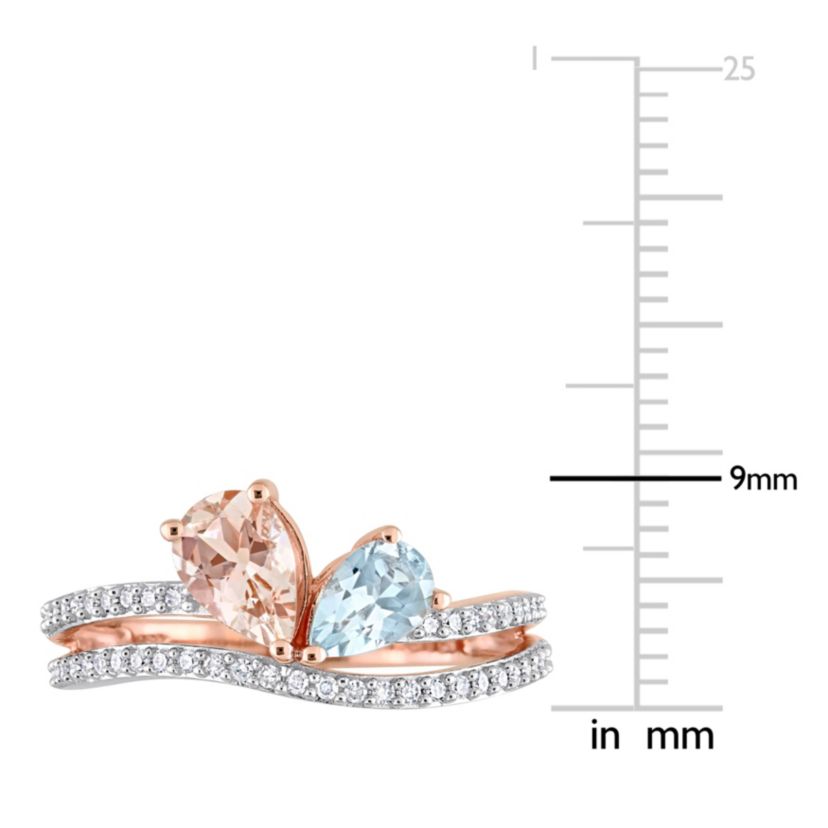 Pear Shape Morganite and Aquamarine and 1/4 CT Diamond 2-Stone Open Ring in 10k Rose Gold