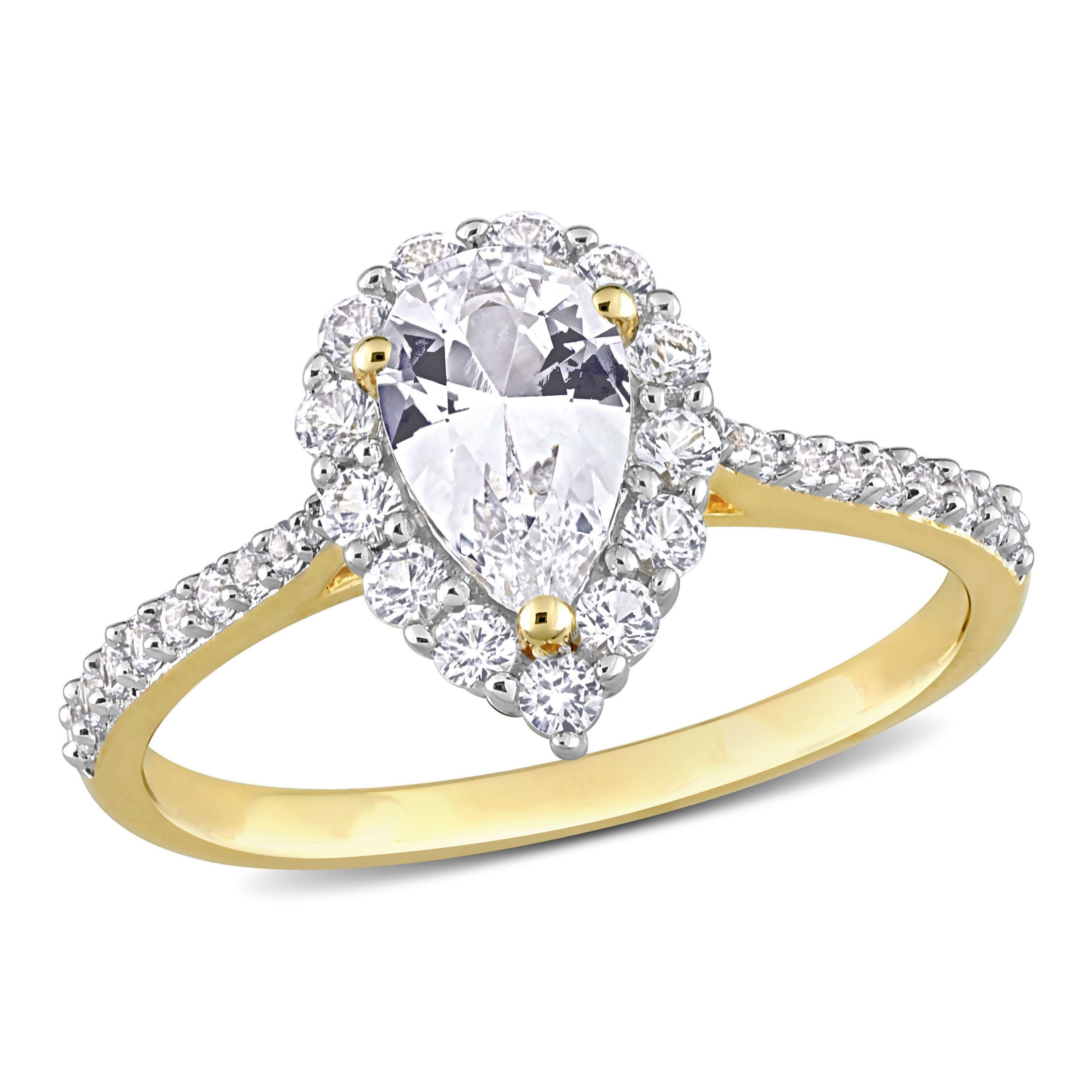 Lab Created Created White Sapphire Halo Teardrop Ring in Yellow Plated Sterling Silver