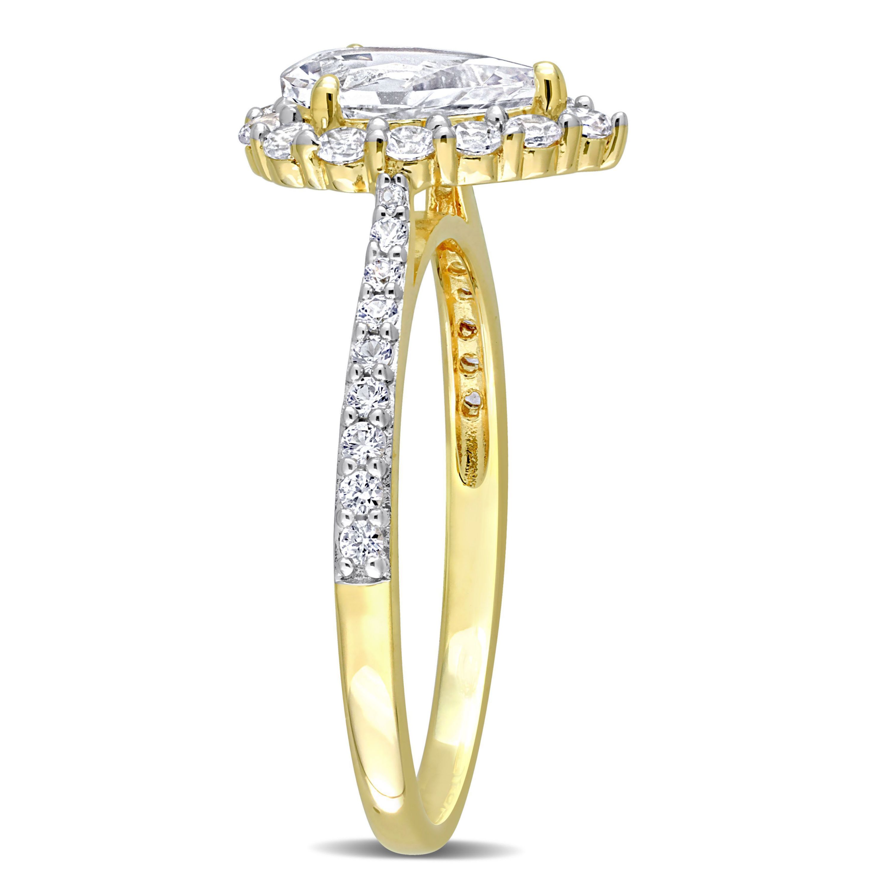 Lab Created Created White Sapphire Halo Teardrop Ring in Yellow Plated Sterling Silver